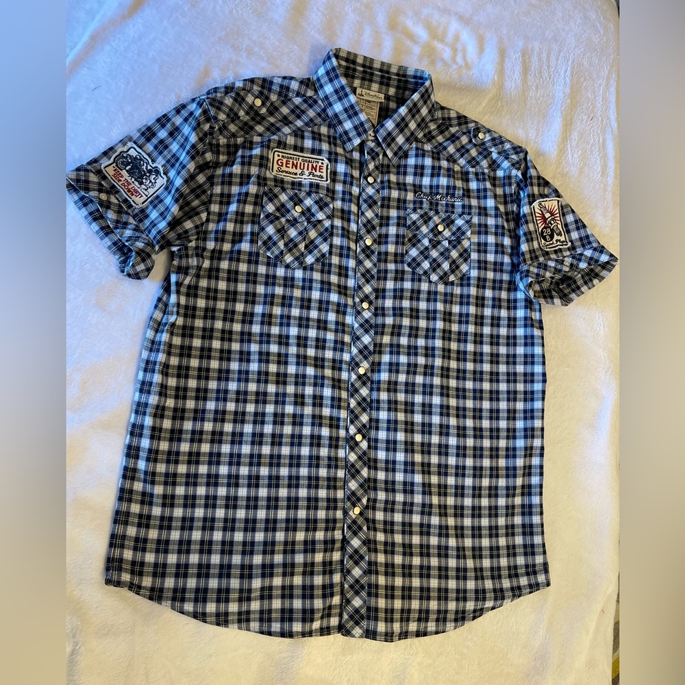 Disney Men's Mickey’s Cycle Works Blue Checkered Shirt